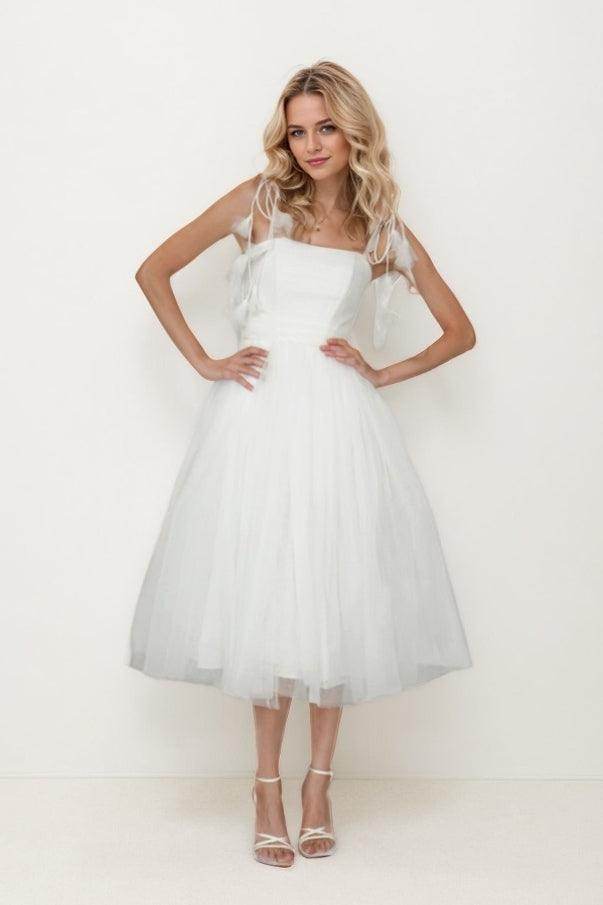 A-Line Tea Length Glitter Tulle Wedding Dress CW3410 - COCOMELODY